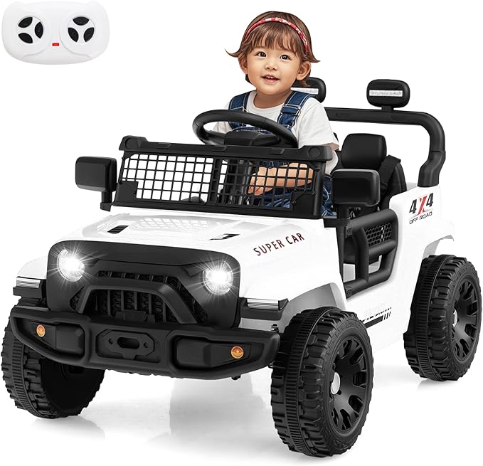 OLAKIDS 12V Ride On Truck, Battery Powered Electric Vehicle for Kids with Remote Control, Foldable Reflective Mirror, Spring Suspension, Music, LED Lights, Ride on Toy for 3+ Boys Girls (White)
