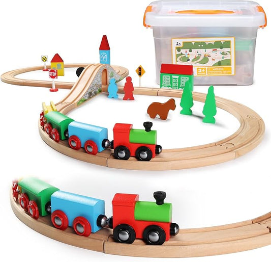 SainSmart Jr. Wooden Train Set for Toddler with Double-Side Train Tracks Fits Brio, Thomas, Melissa and Doug, Kids Wood Toy Train for 3,4,5 Year Old Boys and Girls (Small Town with Container)