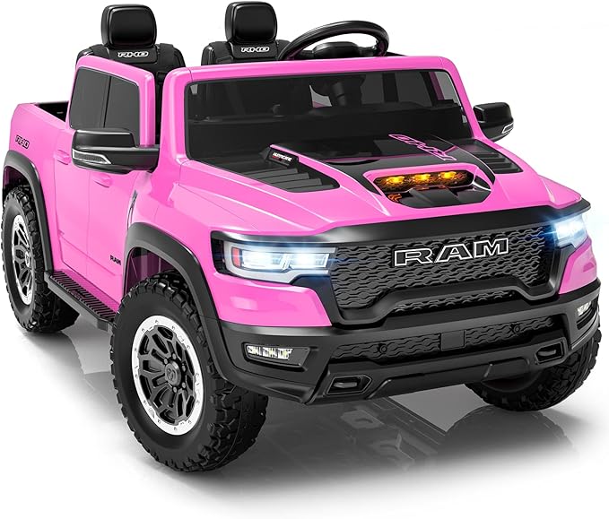 First Ride On 24V Ride On Toys for Big Kids, RAM 1500 RHO 2 Seater Ride on Car w/Remote, Battery Powered Truck w/ 4 Wheels Suspension, Toddler Car w/Bluetooth, LED Lights, Trunk