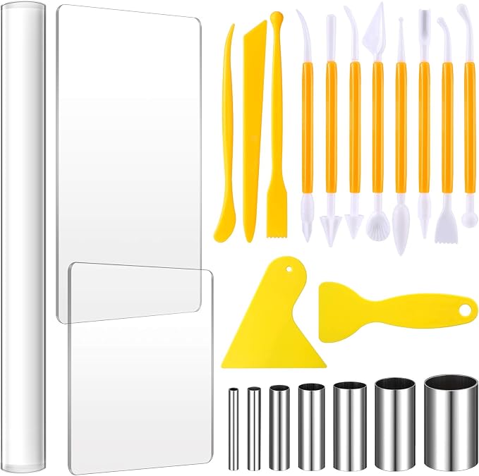 Honoson 24 Pcs Clay Sculpting Tools Kits Polymer Clay Tools DIY Set with Roller, Acrylic Sheet, Scraper Backing Board, Round Circle Shape Cutter, Shaping for Art Craft(Yellow)