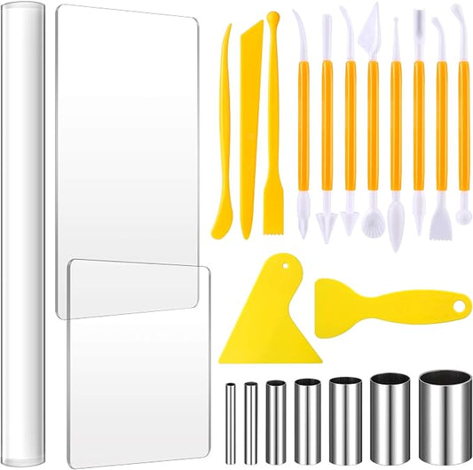 Honoson 24 Pcs Clay Sculpting Tools Kits Polymer Clay Tools DIY Set with Roller, Acrylic Sheet, Scraper Backing Board, Round Circle Shape Cutter, Shaping for Art Craft(Yellow)