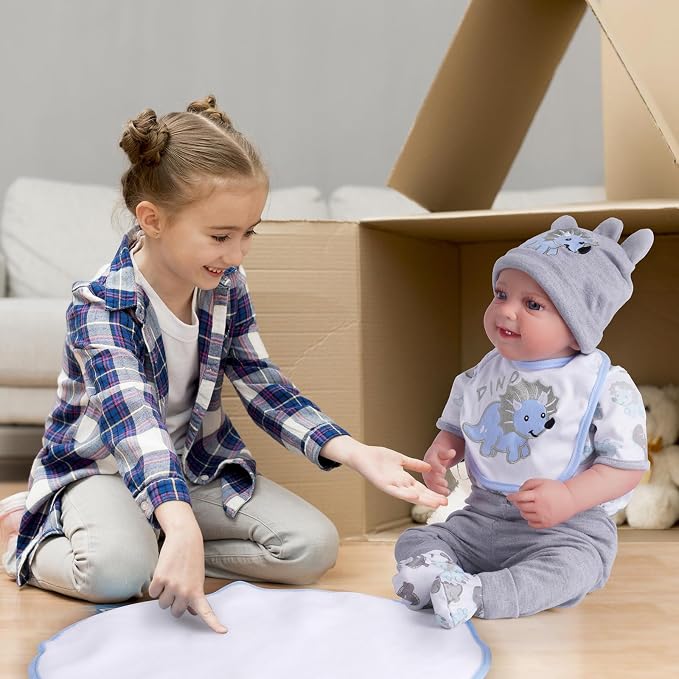 BABESIDE 6 Pcs Reborn Baby Doll Clothes for 17-22 Inch Babydolls, Dinosaurs Pattern Lifelike Reborn Baby Doll Accessories with Hat Bib and Socks for Realistic Baby Dolls Boy & Girl