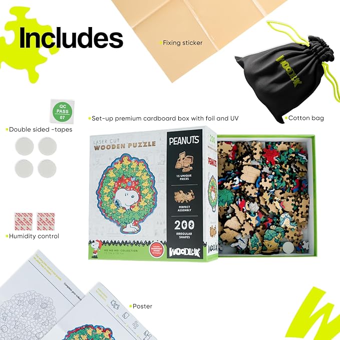 Peanuts Christmas Snoopy Puzzles for Adults – Wooden Puzzle, 200 Pieces Unique Shaped Woodstock Jigsaw Puzzles, 5MM Thick, Officially Licensed Merchandise – Merry Moments Together, 11.1" x 13.1"