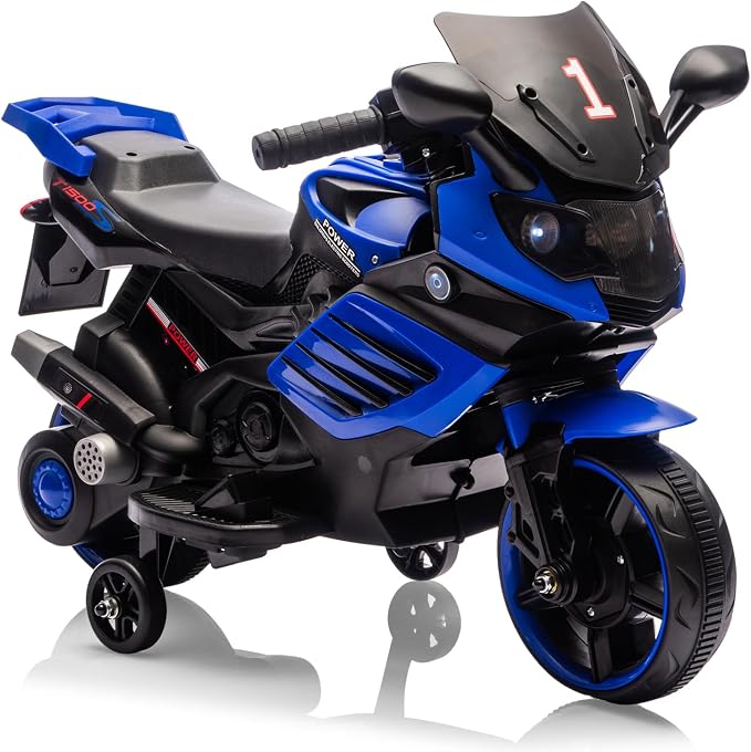 Garvee Kids 6V Ride On Motorcycle, Battery Powered Ride On Toys w/Treaded Tires, Working Headlight, Horn, Music, Training Wheels, Stable Electric Toddler Motorcycle for Kids, Gift for Boys Girls, Blue