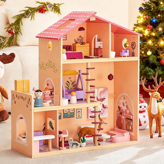 Wooden Doll House with 53Pcs Furniture Doll House, 6 Rooms Toddler Dollhouse Includes Spiral Wooden Staircase and Balcony, Modern Family Dollhouse with Realistic Design Gift for Ages 3+ Pink