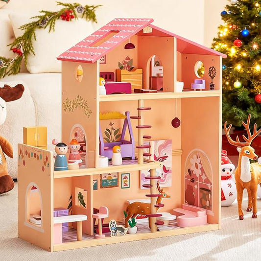 Wooden Doll House with 53Pcs Furniture Doll House, 6 Rooms Toddler Dollhouse Includes Spiral Wooden Staircase and Balcony, Modern Family Dollhouse with Realistic Design Gift for Ages 3+ Pink