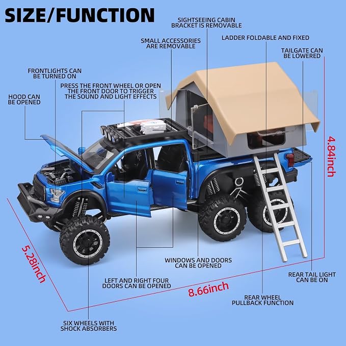 OANMYJJO Toy Trucks for Boys Age 4-7,Trucks for Kids F150 Diecast Truck,Model F150 Pickup Truck with Sightseeing Cabin,Pull Back Cars with Light and Sound,Trucks for Kids Ages 4-8（Blue）