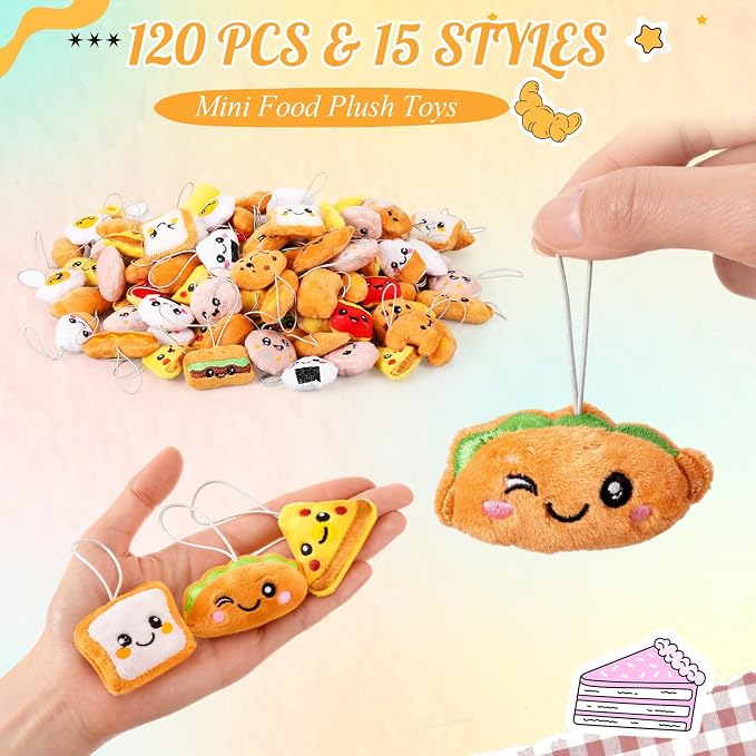 Libima 120 Pcs Mini Food Plush Keychain Set Small Sweet Food Keychain Charm Set Cute Small Bread Stuffed Toy for Carnival Birthday Party Prizes Decoration for Clothes