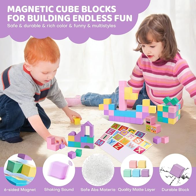 50 PCS Large Magnetic Blocks for Kids - 1.24" Macaron Colors Magnet Building Blocks with Stickers & Marker, Classroom Educational Toys for Toddlers1-3, Ideal Gift for 3-5 Year Old Boys Girls