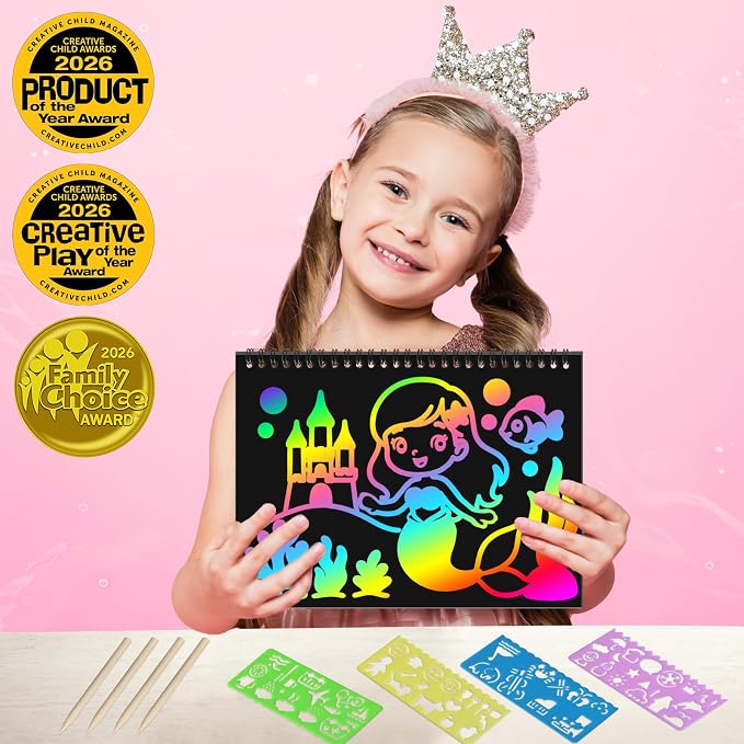 ZMLM Scratch Paper Art Craft: 2 Pack Rainbow Scratch Set for 3 4 5 6 7 8 9 10 Years Old Girls Boys Students Drawing Coloring Black Magic Art Supplies Kits Gifts School Birthday Party Toys (Mermaid)