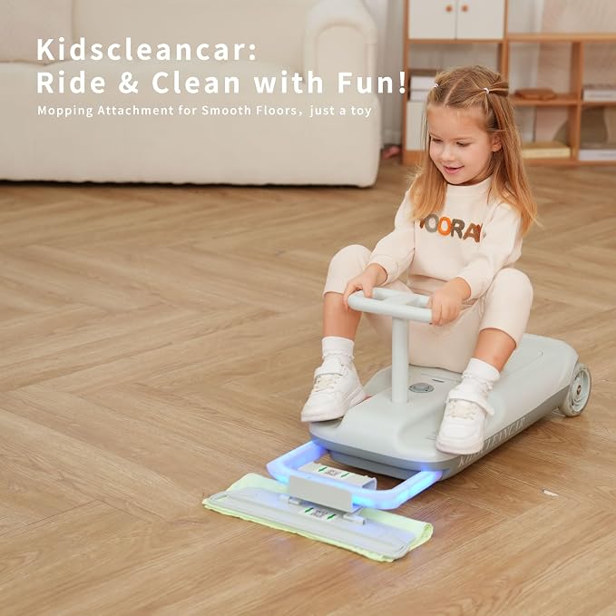Kids Clean Car Ride-On Go Kart with Detachable Mop, Cleaning Fun 3-in-1 Electric Ride-On Toy for Kids Ages 3+, Parent-Controlled Speed Lock, Soft Start, Rechargeable 12V Battery, Indoor Outdoor, Gray