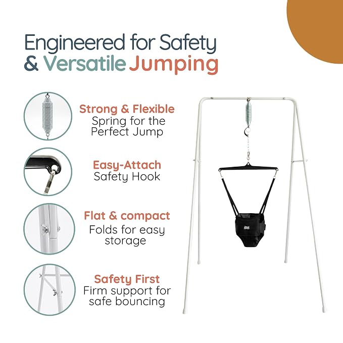 Jolly Jumper Classic (Black) with Stand - Original Baby Jumper, Indoor and Outdoor Exercise Saddle Seat, Adjustable Height, for Infants up to 28lbs