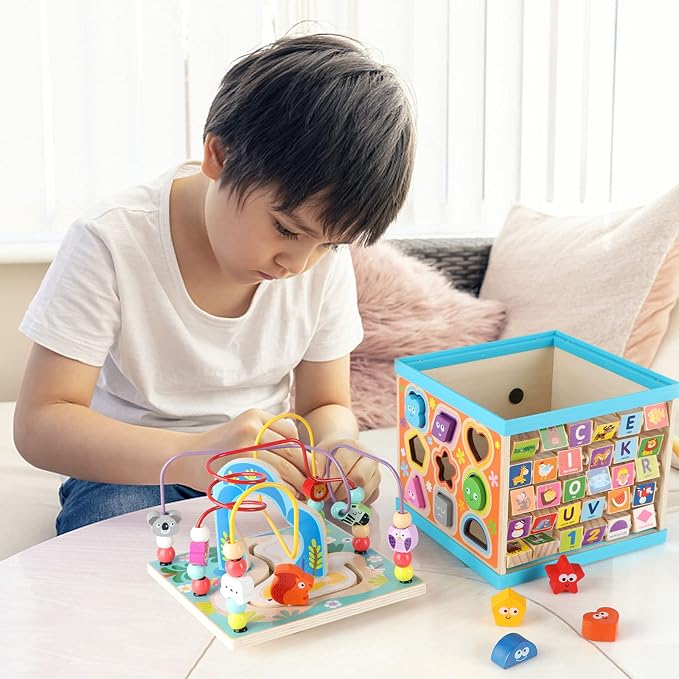 Qilay 5-in-1 Wooden Activity Cube for Toddlers 1-3(Large),Multipurpose Toddler Activity Center with Bead Maze & Shape Sorter, Early Educational Toy First Birthday Present for Boys Girls