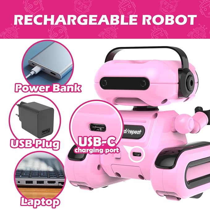 Pink Rechargeable Remote Control Robot Toy for Girls Ages 3+ | Auto Demo, Recording & Repeat, Flexible Head & Arms, Rechargeable RC Robot, Great Birthday & Christmas Gift for Little Girls