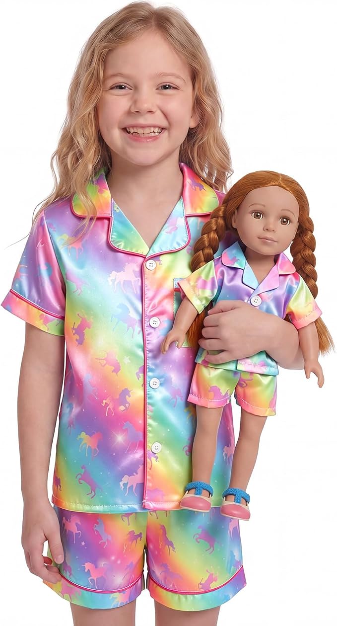 FIOBEE Girls Satin Pajamas Doll Matching Clothes, Stain Button Down Pjs Set Fits 18 Inch Dolls Soft Silky Toddler Kids Sleepwear