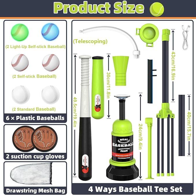 4-in-1 LED Baseball Set for Kids, Adjustable Height Hanging Tee Set with 2 Bats, Teeball Hitting Stand, Ball Launcher, Toss and Catch Ball Set, Sport Toys Outdoor/Indoor for Toddlers Boys Girls