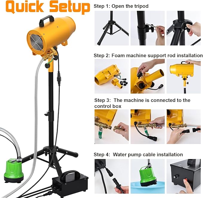 1000W Foam Machine for Foam Party, 3–5m Spray Distance Foam Cannon, Iron Barrel Body, Waterproof Control Box, Water Pump, 4-Position Adjustable Tripod Stand, AC110V Outdoor Foam Maker