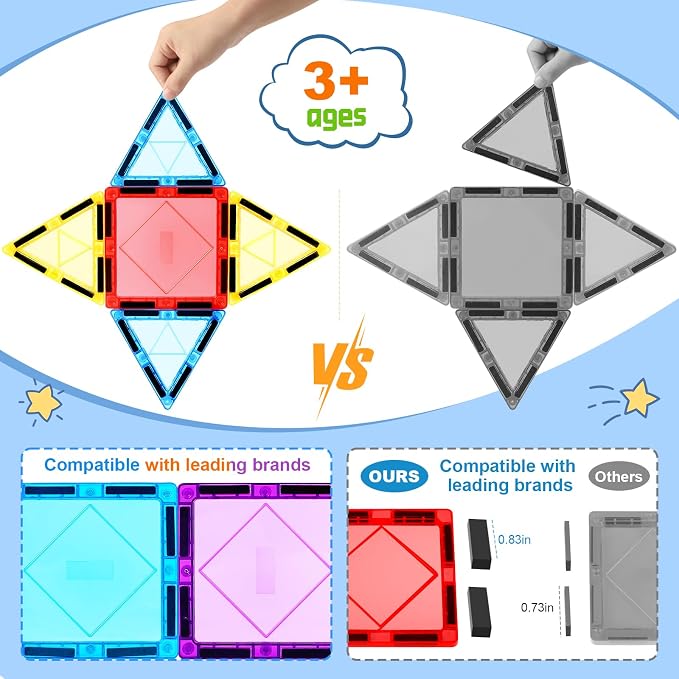 Magnetic Tiles 100PCS Kids Toys - Magnetic Building Blocks STEM Magnet Building Set Preschool Learning Magnet Toys for Kids Ages 3-5 4-8, Sensory Montessori Toy for Toddlers 3+ Year Old Boys Girls
