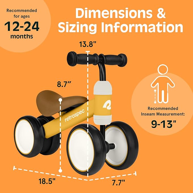 Retrospec Cricket Baby Walker Balance Bike with 4 Wheels for Ages 12-24 Months - Toddler Bicycle Toy for 1 Year Old’s - Ride On Toys for Boys and Girls - One Size (Sunflower)