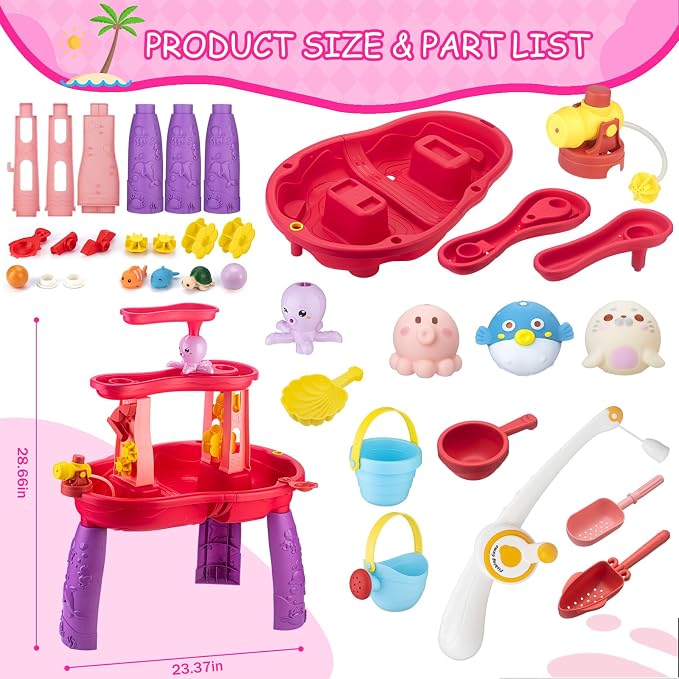 VROGTIK Water Table for Toddlers 3-5, Kids Sand Water Table with Fishing Game Set, Sensory Play Table Toys for Outdoor Pool Beach Backyard Summer Birthday Gift for Girls Outside Toys for Toddler