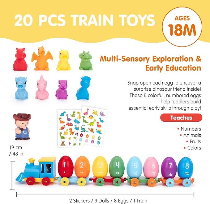 hahaland Toddler Learning Toys for 2 3 Year Old – Montessori Counting Matching Train Set with 8 Dinosaurs & Sorting Easter Eggs, Dino Stickers Toddler Toys for Kids 1-3 Years Easter Basket Stuffers