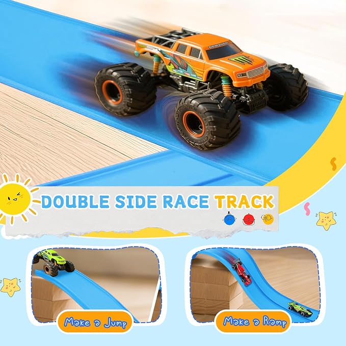 16Ft Flexible Race Track for Kids, Flex Track with 6 Hot Wheels Race Car Track Double-Side Track Toys Compatible with 16 Suction Cups, Storage Bag Rolls Up Race Tracks Birthday Gifts for Boys Girls