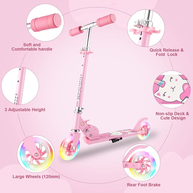 Scooter for Kids Ages 3-12 - Kids Kick Scooters with Led Light Up Wheels & 3 Levels Adjustable Handlebar, Lightweight Foldable 2 Wheel Girly Pink Scooter, Christmas Birthday Gifts for Girls Boys.