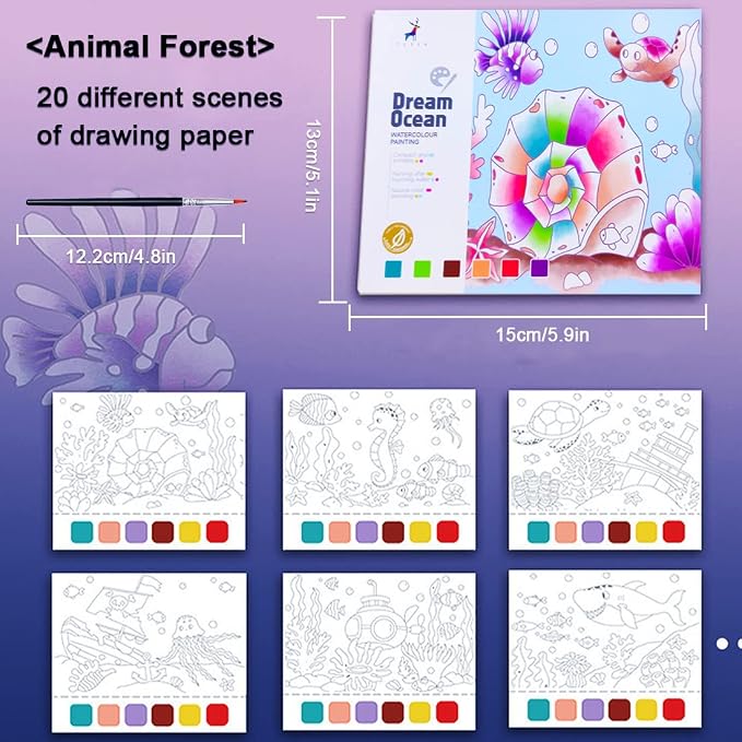 JUNQIU Watercolor Coloring Books for Kids Ages 4-8, Pocket Watercolor Painting Book for Toddlers, Arts and Crafts for Girls Gifts, Stocking Stuffers For Kids