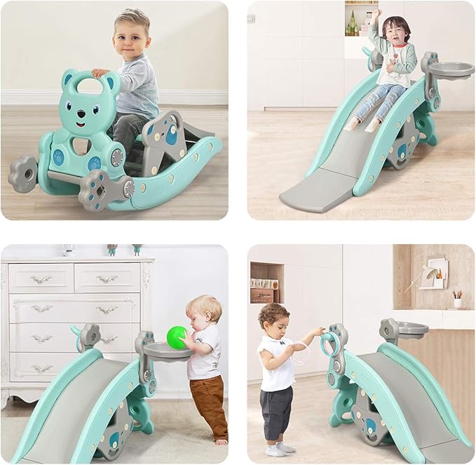 Costzon 5 in 1 Toddler Slide Rocking Toy, Slide for Kids with Detachable Stool, Basketball Hoop and Ring Game, Foldable Climber Playground Slide for Both Indoors Outdoor Use (Green Bear)