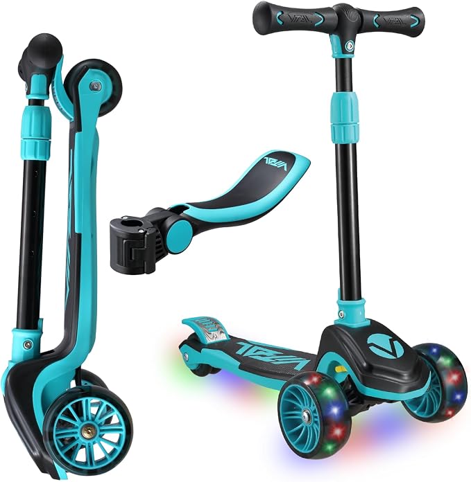 Vital Tyke 3 Wheel Toddler Scooter | LED Wheels, Foldable, Tool-Free Adjustable Handlebar & Removable Seat Scooters for Kids 3-5 and kick Scooters for Kids 5-7 up to 110lbs