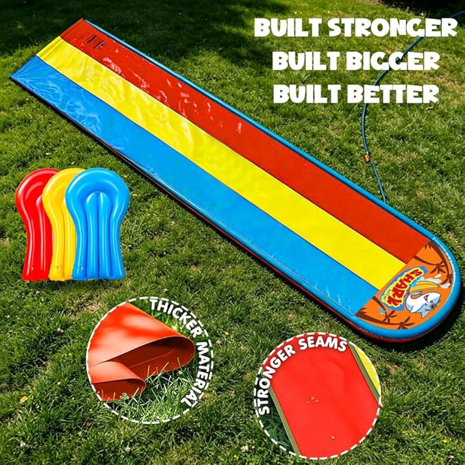 23FT Triple Water Slide with 3 Inflatable Bodyboards, Lawn Slip Splash Slide with Built-in Sprinkler, Backyard Outdoor Summer Water Toy for Kids and Adults