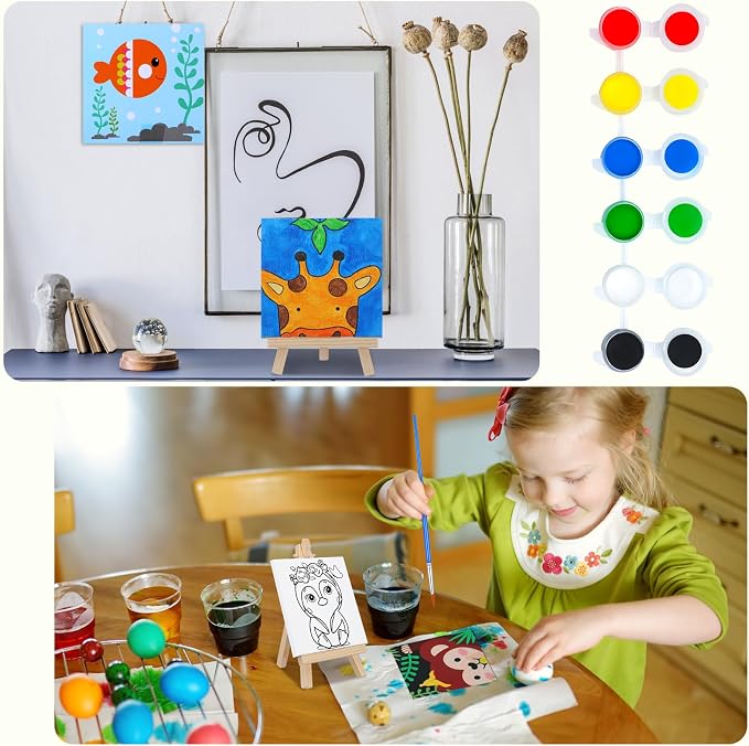 Tenceur 48 Pcs Kids Paint Party Favors Sets with 12 Pcs Animals Pre Drawn Canvas Panel and Wooden Easel Set Paint Pots and Brushes 12 Mini Apron and Tote Bag for Kids Girls Student Boys