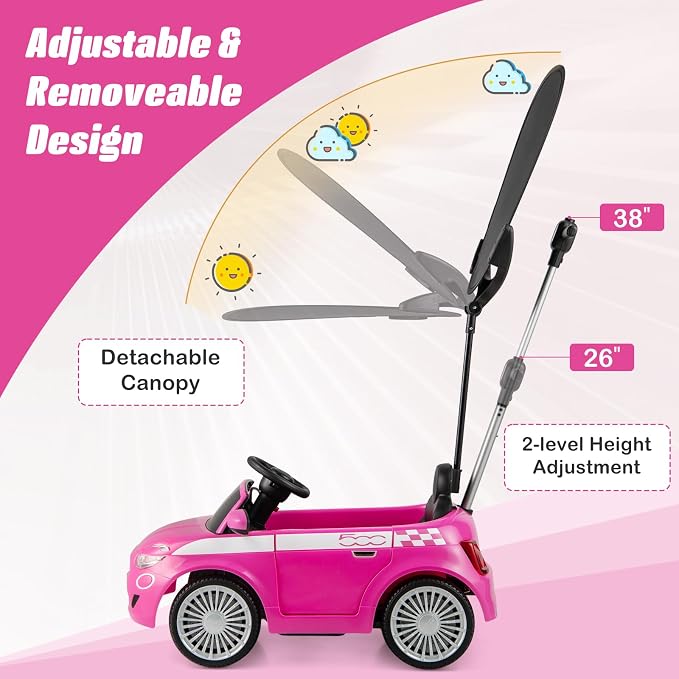 OLAKIDS Push Car for Toddlers, 3 in 1 Licensed Fiat 500e Baby Sliding Walking with Parent Control Handle Adjustable Canopy Footrest, Kids Ride on Toys with Horn for Boys Girls (Pink)
