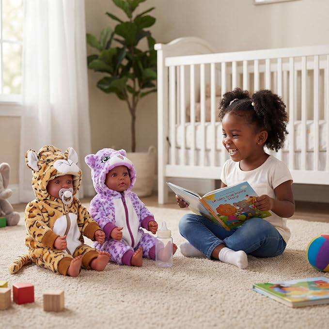 BABESIDE Black Baby Dolls Twins - 17inch Realistic Soft Cloth Body Dolls with Brown Eyes, 3+ Year Old Girls Gifts, Ideal for Nurturing, Interactive Play & Cuddling