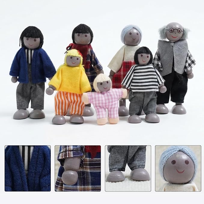 7PCS Wooden Dollhouse Dolls for Playing House Gifts for Children, Wood, Articulated Pretend Play Figures, Smooth Splinter-Free Wood, Montessori Family Set - 4.5In (Unique)