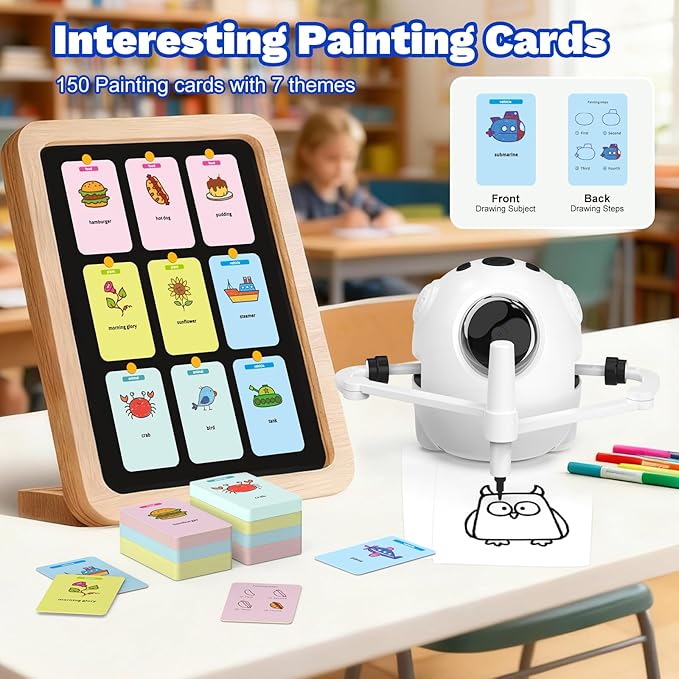 Drawing Robot for Kids with 150 Cards, Camera Recognition Interactive Educational Drawing Kit for Kids, Montessori Painting Learning Toys for 3-8 Year Old Boys Girls Birthday Party Gift