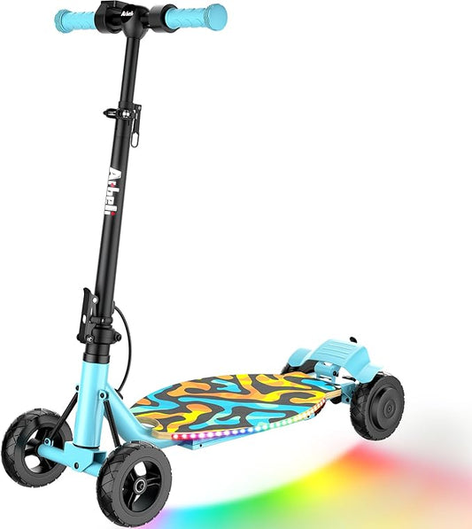 4-Wheel Electric Scooter for Kids w/ 250W Motor, Max 10 MPH & 8.5 Miles, Foldable E-Scooter for Kids with Rainbow Lights, LED Display, 5 Speeds & Adjustable Balance, UL-2272 Certified