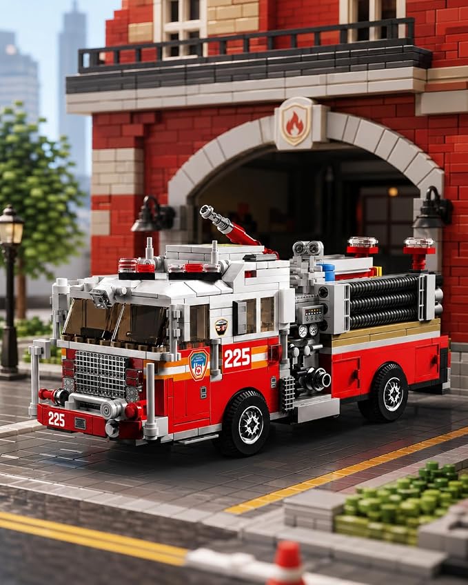 Ladder Fire Truck Building Set, Compatible with Lego City Fire Engine Toy with Detachable Telescopic Ladder & Rotatable Water Gun, STEM Educational Rescue Vehicle Gift for Boys Kids Age 8+(1052PCS)