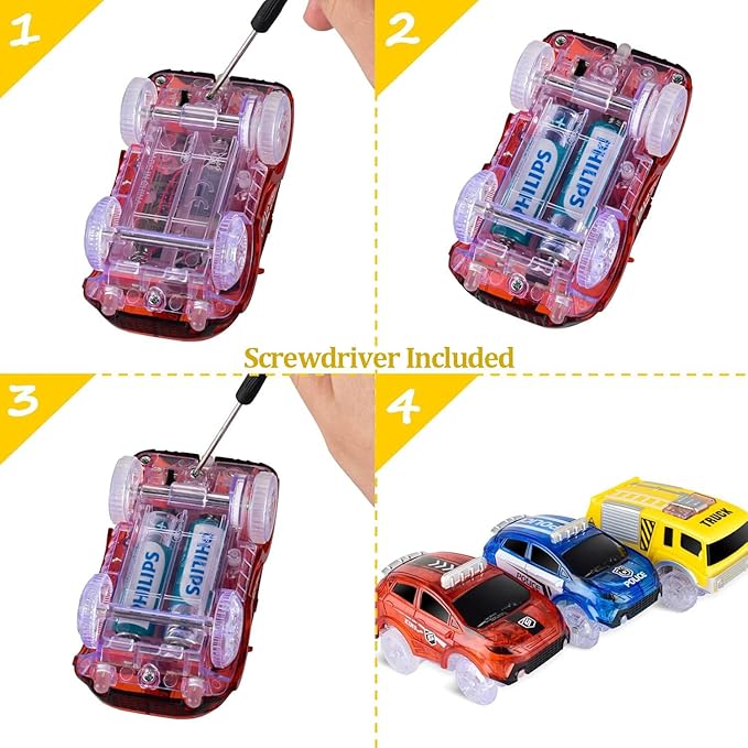 Track Cars Only Replacement Light Up Toy Cars with 5 Flashing LED Lights for Tracks Glow in the Dark, Flex Race Car Track Accessories Compatible with Most Car Tracks for Kids (3 Pack) with Screwdriver
