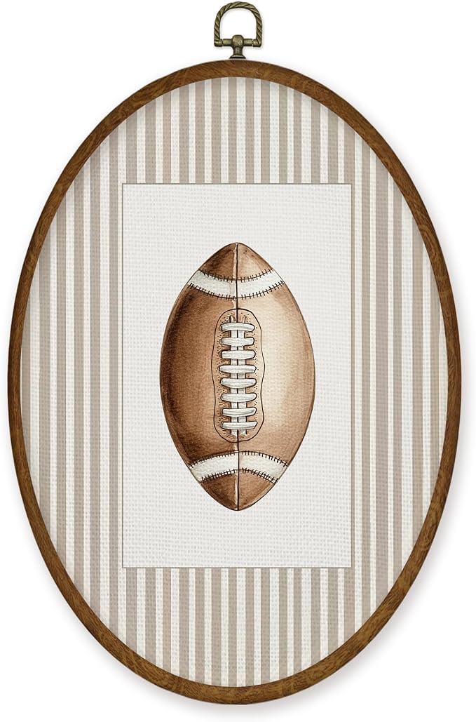 WULQYING Football Wall Art Decor, Sports Nursery Oval Framed Canvas Art Prints, Neutral Striped Classic Rugby Football Wall Hanging Decor for Kids Nursery Boys Home Bedroom Sport Room, 8.6x11.4 Inches