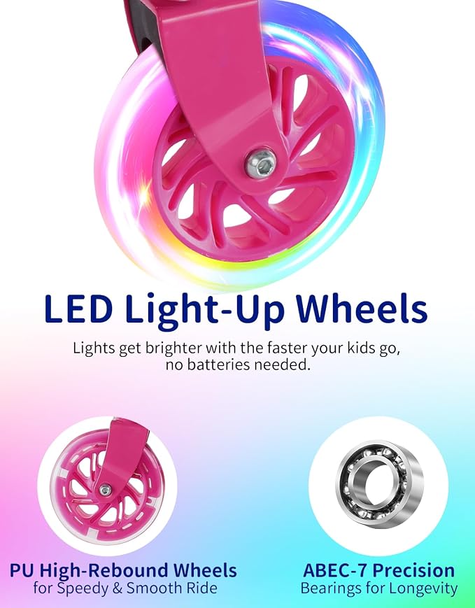 BELEEV V1 Scooters for Kids, 2 Wheel Folding Kick Scooter for Girls Boys, 3 Adjustable Height, Light Up Wheels, Lightweight Scooter with Sturdy Frame, Kickstand for Children 3 to 12 Years Old