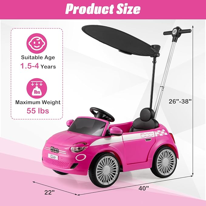OLAKIDS Push Car for Toddlers, 3 in 1 Licensed Fiat 500e Baby Sliding Walking with Parent Control Handle Adjustable Canopy Footrest, Kids Ride on Toys with Horn for Boys Girls (Pink)