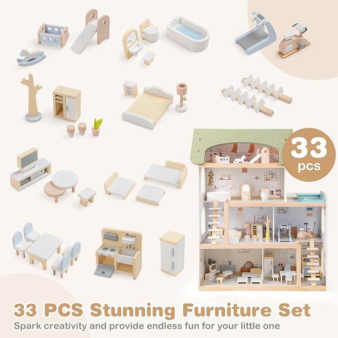 HONEY JOY Doll House, 4-Story Wooden Dollhouse Playset w/ 6 Rooms, 33 Accessories & Miniature Furniture, Pretend Play Toys Kit, 2.56 Feet Toddler Big Doll House, Gift for Kids Aged 3+