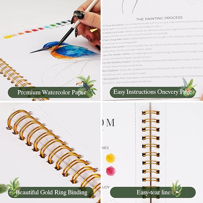 Watercolor Workbook for Beginners,18 Rich Tropics Exotic Rainforest Water Coloring Book,Relaxing & Easy to Paint Water Coloring Book with 24 Colors-Perfect for Gifting to Creativity & Joy for Adults