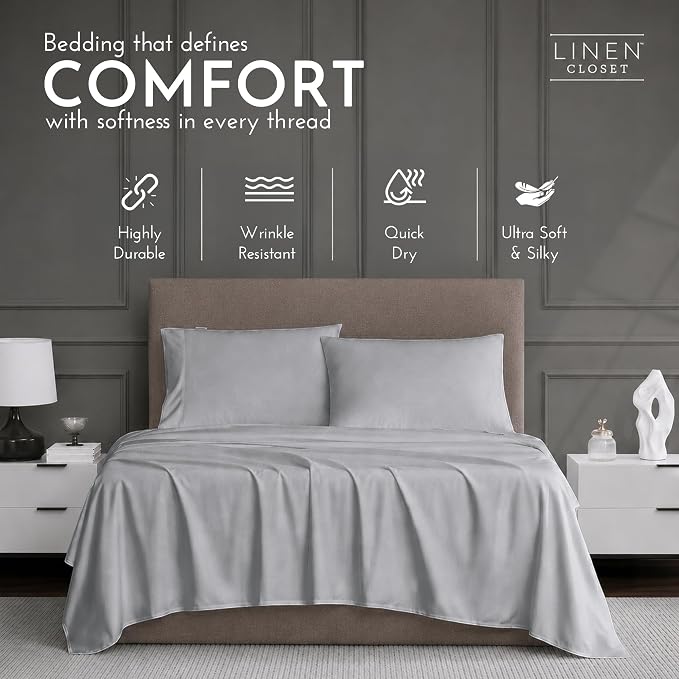 Linen Closet Luxury 1200 Thread Count Full Size Sheets Set, 4 Pieces, Cotton Rich, Light Gray, Soft, Durable & Wrinkle Resistant Sateen Sheets, 16" Deep Pocket Fitted Sheet, Home & Hotel Essentials