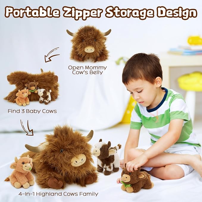MorisMos Highland Cow Stuffed Animal with Baby Inside Belly,20'' Mommy Brown Highland Cow Gift for Kid Girl Boy Hyland Cow Pillow, Cute Farm/Wildlife Stuffed Animals for Birthday Party Decor