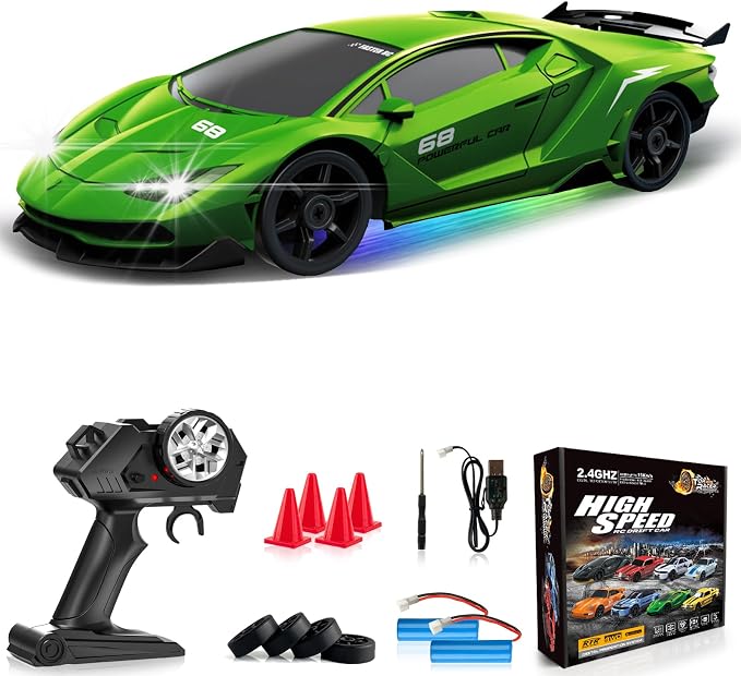 Remote Control Car RC Drift Car 2.4GHz 1:24 4WD 15KM/H High Speed Racing Sport Car with LED Lights Drifting Tire Racing Sport Toy for Adults Boys Girls Kids Gift 2Pcs Rechargeable Batteries