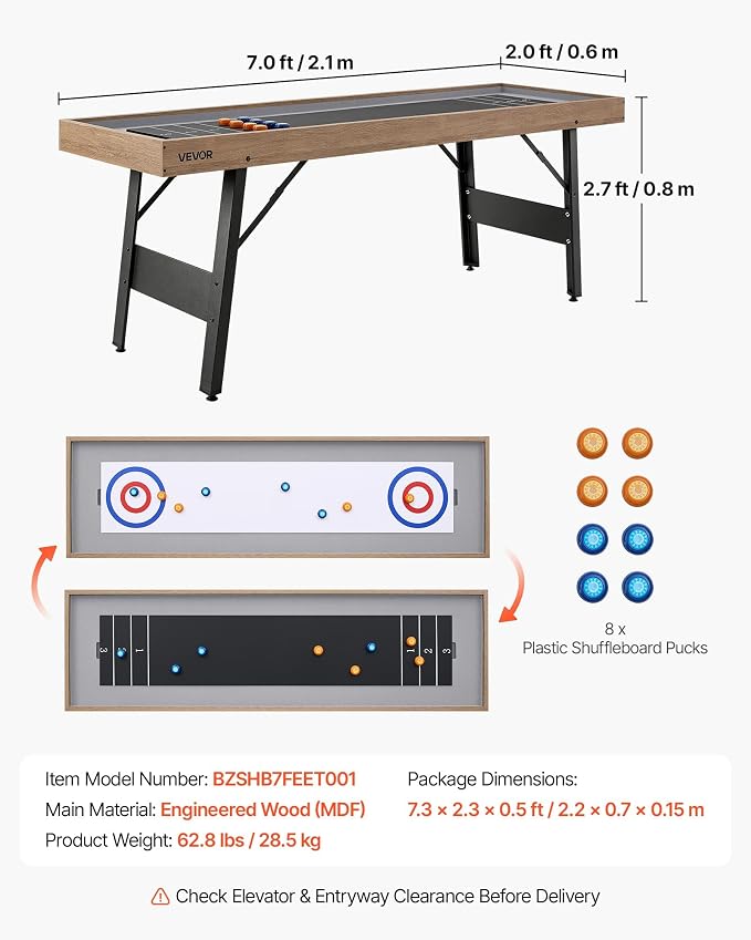VEVOR 7ft 9ft 12ft Shuffleboard Table 2 in 1 Shuffleboard and Bowling Combo Set, Shuffle Board with Scratch-Resistant Playfield, Pucks, Bowling Set, Wax, Brush for Family Game Rooms