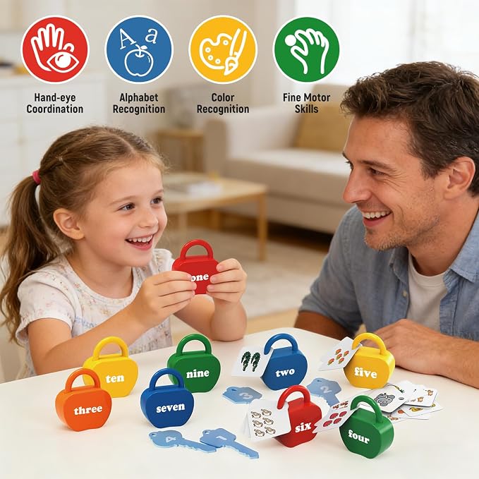 Montessori Lock and Key Toddler Toys, Cause and Effect Sensory Learning Toys for 1 2 3 Year Old, Number Counting & Matching Game, Fine Motor Skills Preschool Travel Activities