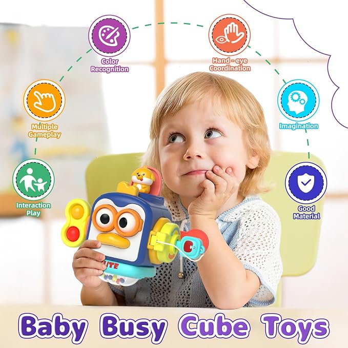 usrela 5 in 1 Baby Toys for 12 18 Month, Learning Toy for Babies 12-18 Months, Baby Busy Cube, Stacking&Sensory, Pull String&Piano Xylophone Toy, Birthday Gift for 12+ Month